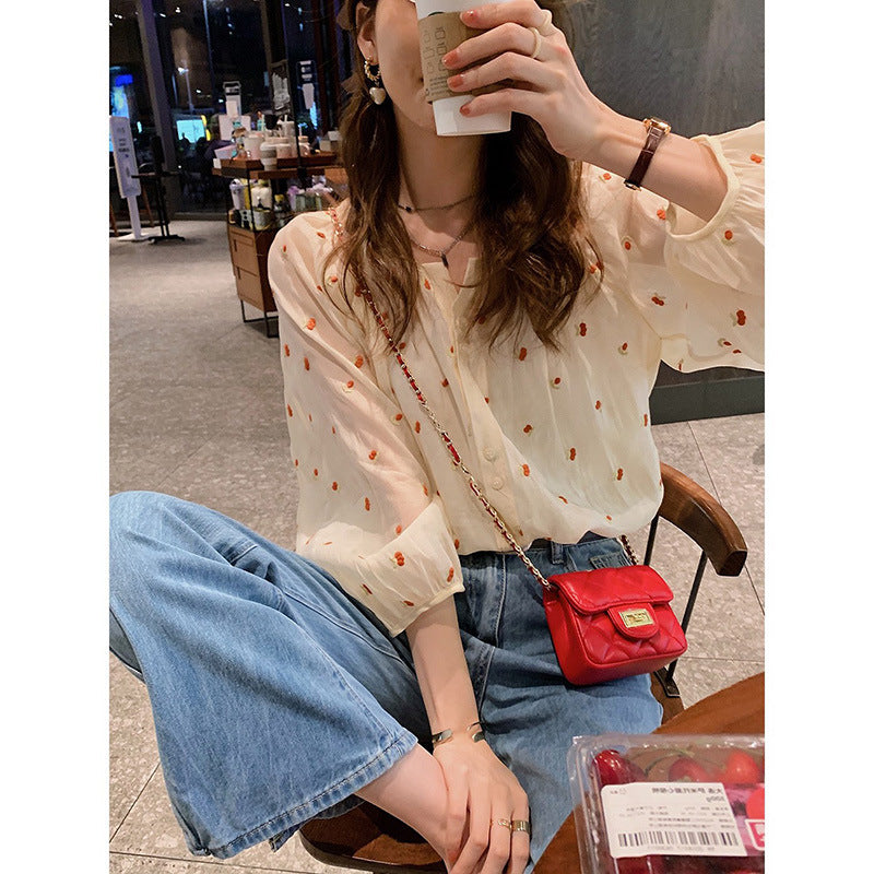 Chic French Dot Long-Sleeve Slim Fit Women's Shirt