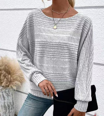 Casual Striped Batwing Sleeve Pullover Top for Women