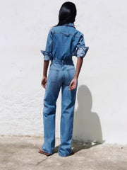 Women's Stylish Denim Long Jumpsuit with Turn-Down Collar