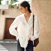 French-style White Lace Long-sleeve Shirt For Women