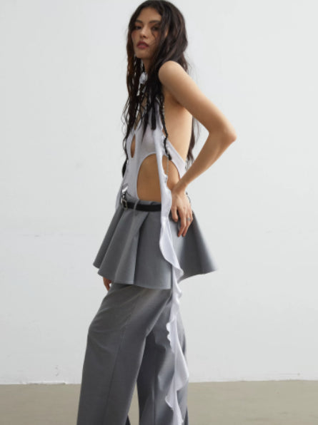 Metallic Silver Cutout Stretch Halter Bodysuit