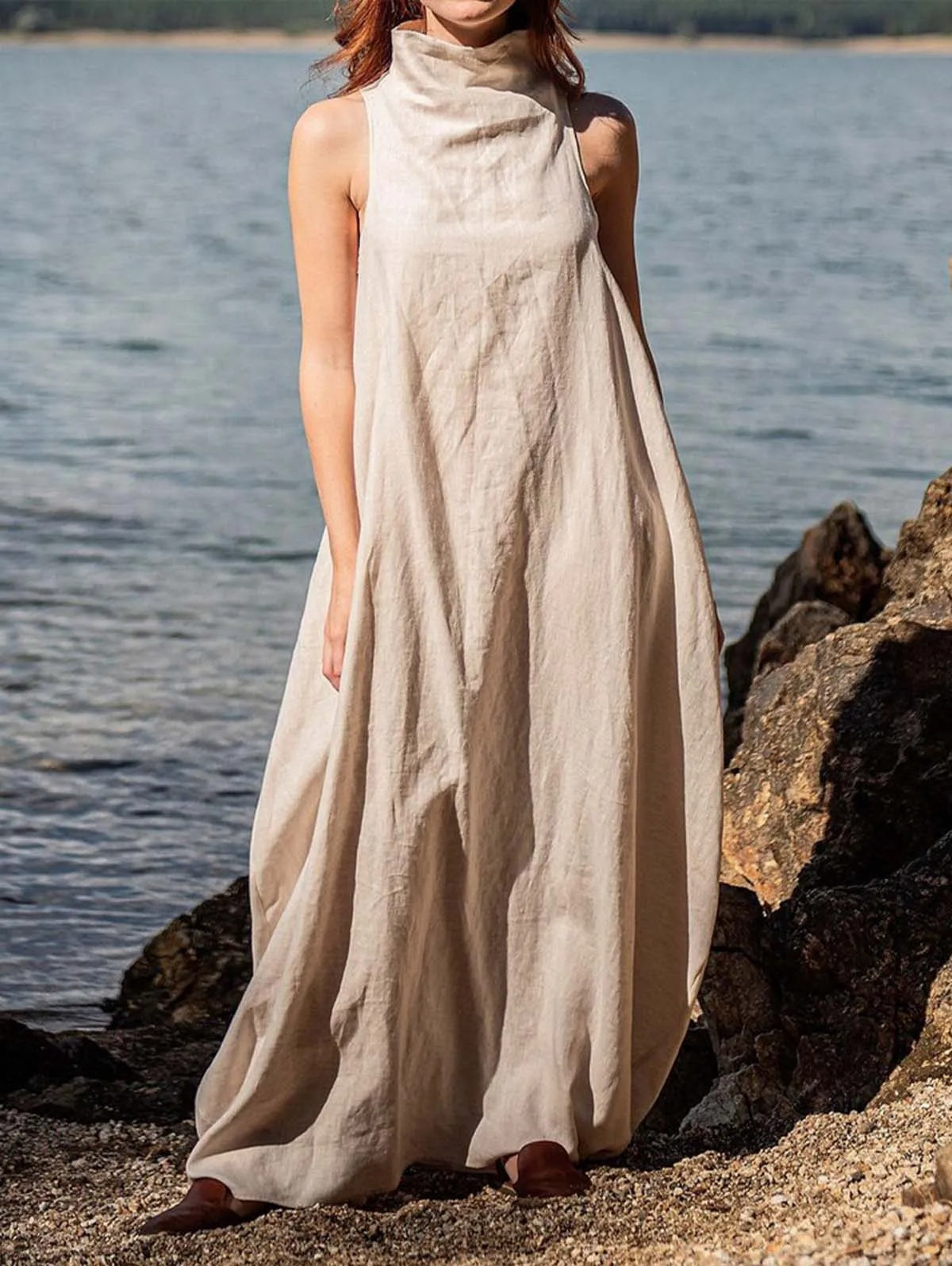 Chic Linen Stand Collar Back Pleat Maxi Dress