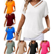 Loose-Fit Waffle Knit V-Neck Short Sleeve Top – Casual Chic