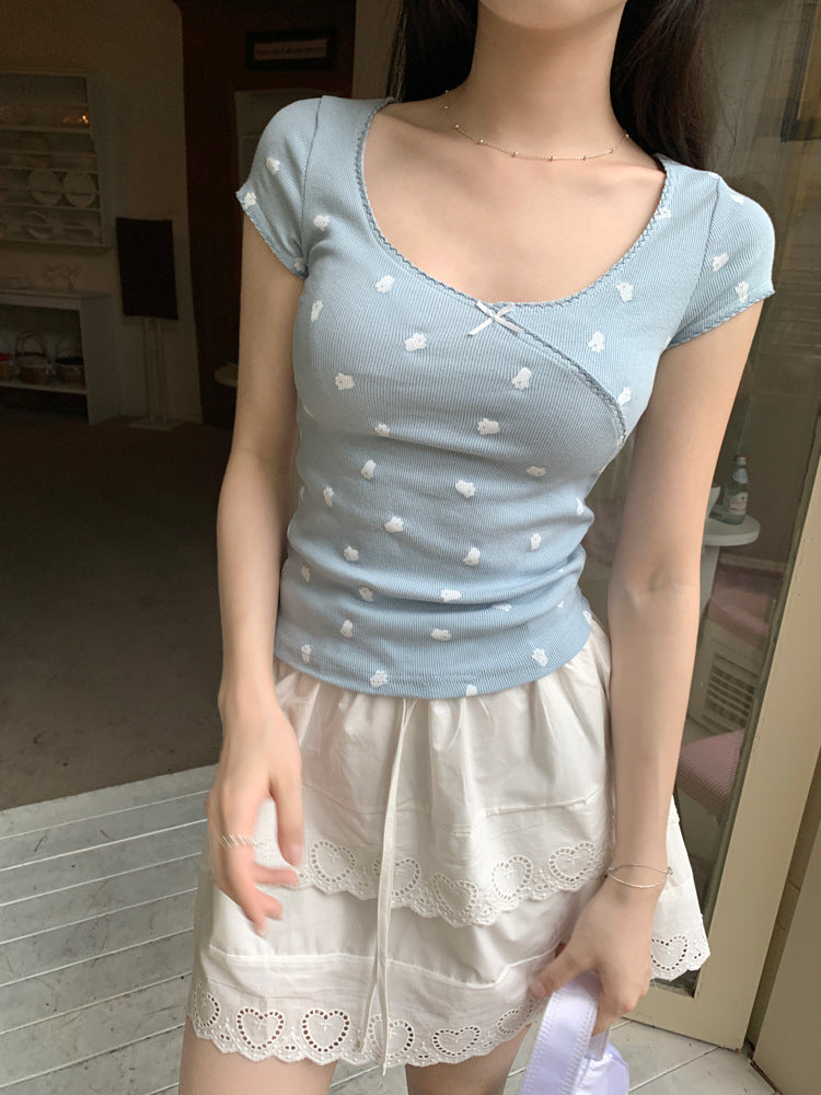 Floral Bow Short-Sleeve Scoop Neck Tee