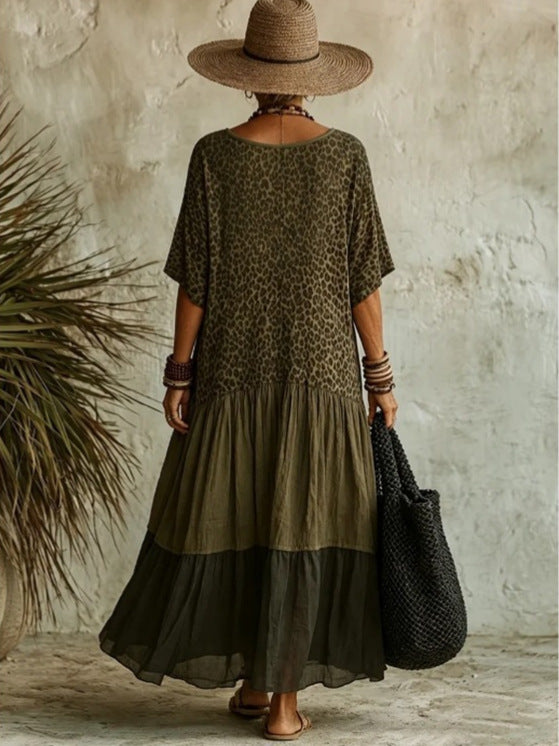 Printed Medium Sleeve V-neck Leopard Print Stitching Loose Long Dress