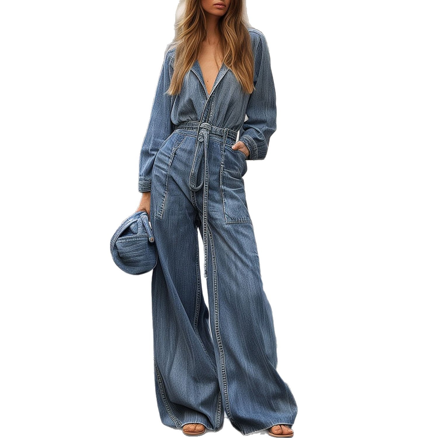 Women's Long-Sleeve V-Neck Denim Jumpsuit