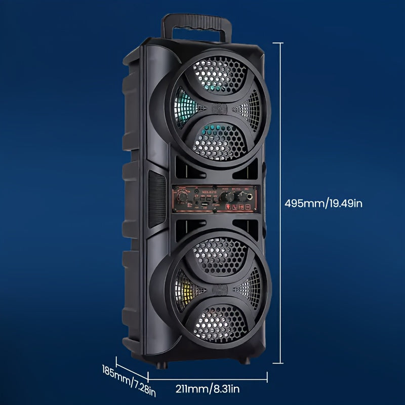 Portable Wireless PA Speaker, Dual 6.5-inch High-Quality Subwoofer System with AUX USB FM Wired Microphone Audio Input, Built-in Rechargeable Battery and LED Light