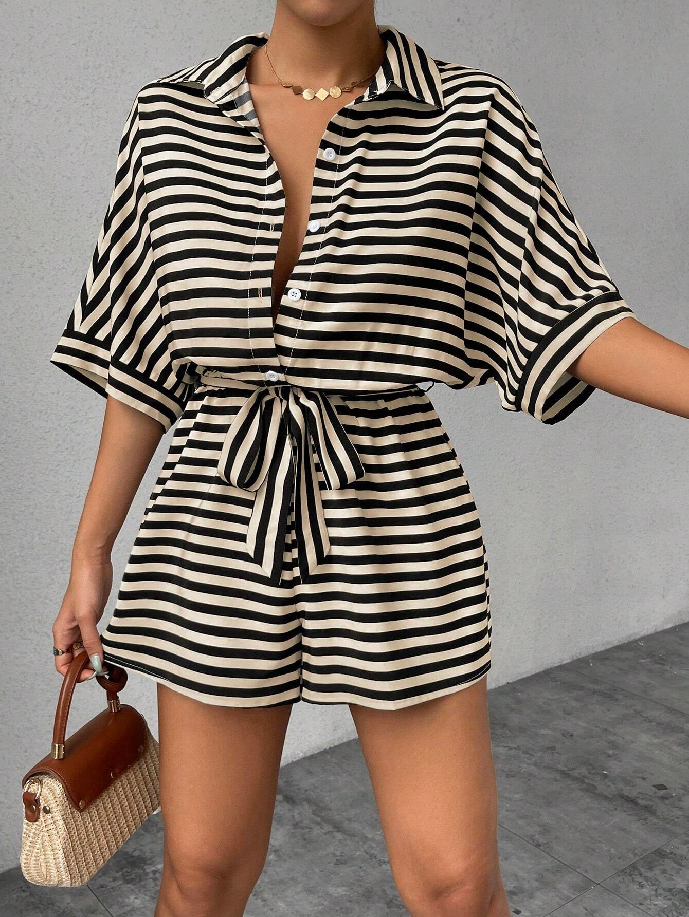 Summer Striped Lapel Belted Jumpsuit