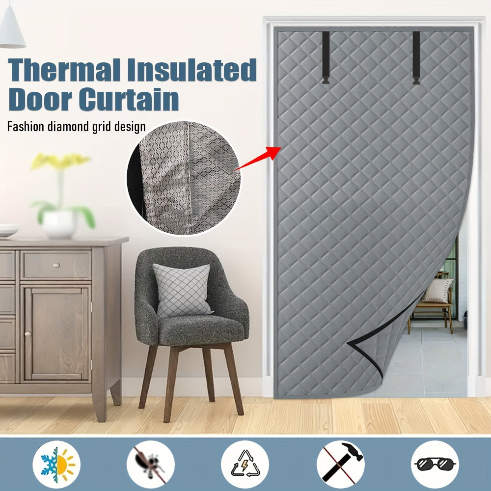 Thick Diamond Quilted Thermal Insulated Door Curtain, Windproof Cold Block Door Drape with Roll Up Buckle, Punch & Adhesive 2 Installation Ways Energy Saving Door Cover for Home Balcony Courtyard Gara