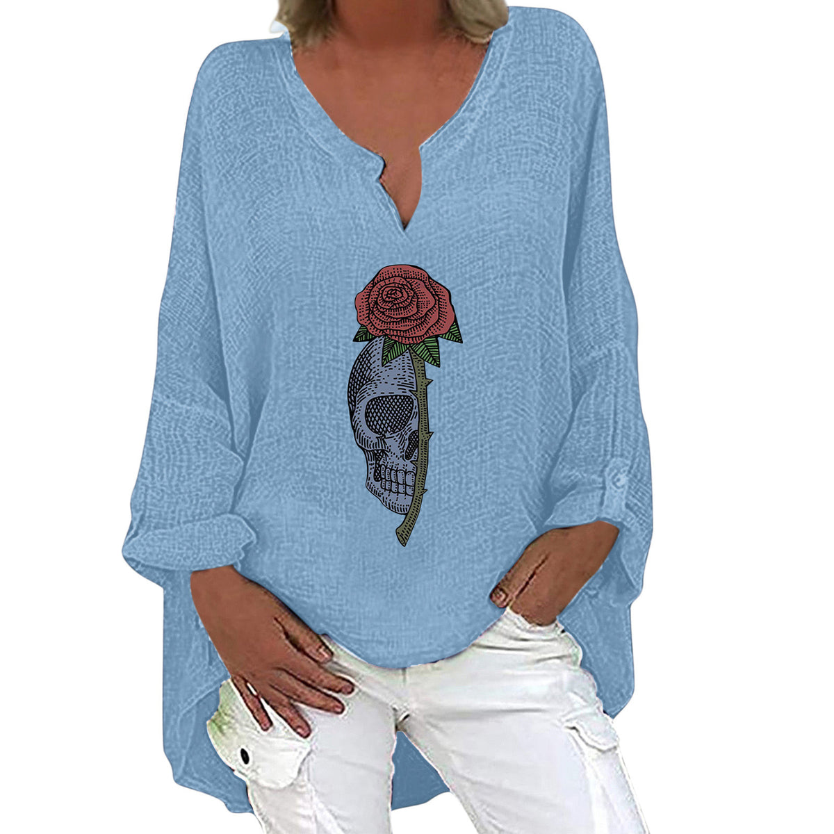 Women's Halloween V-Neck Cotton Linen Long Sleeve Shirt