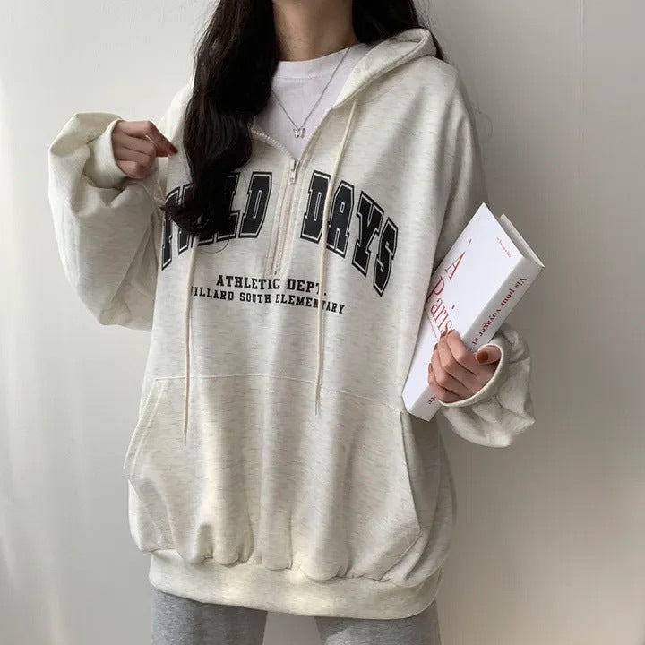 Youth Zipper Letter Sweater Casual Hoodie