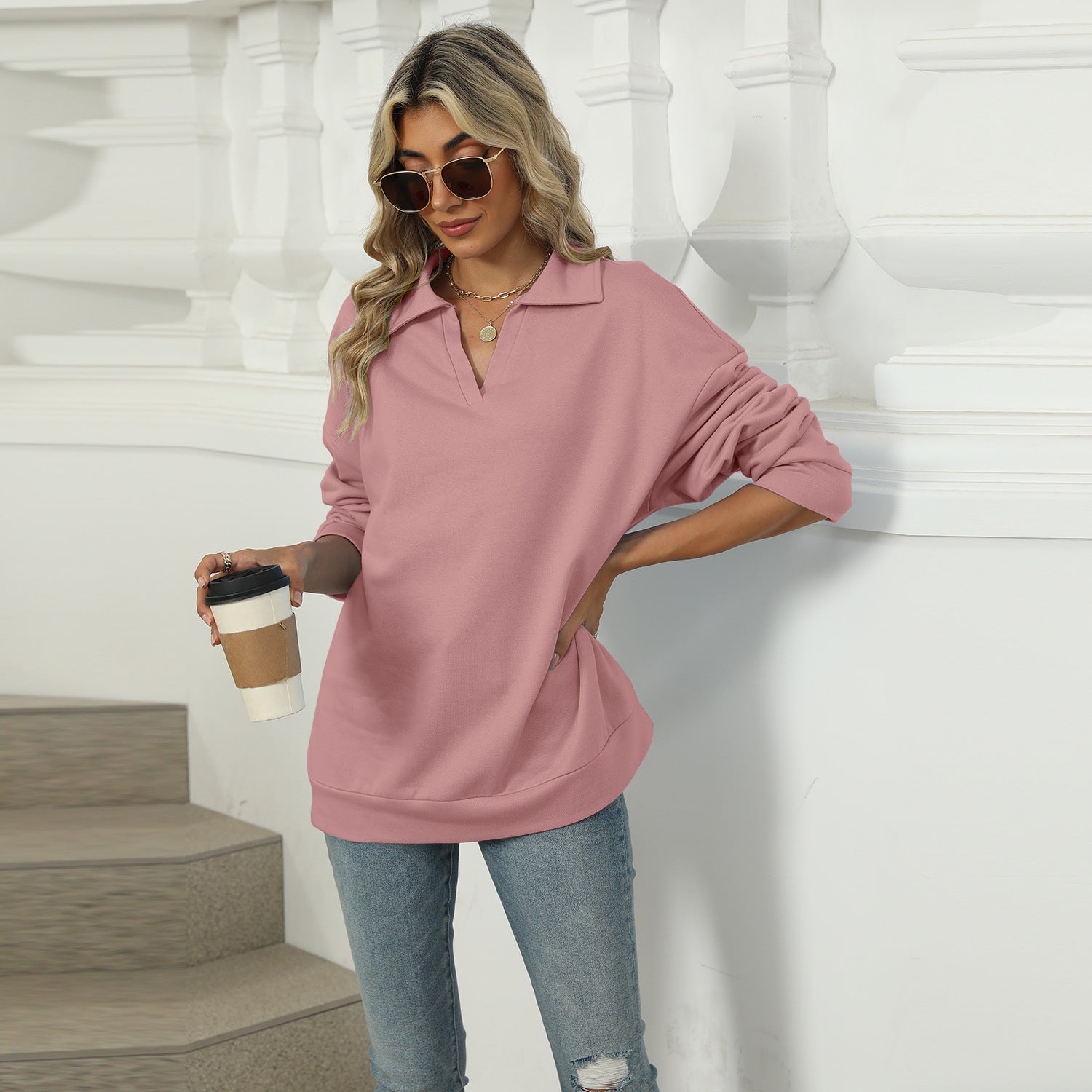 Casual V-Neck Lapel Long-Sleeve Pullover Sweatshirt