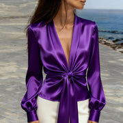 Elegant V-neck Satin Womens Blouse With Long Sleeves And A Tie Detail