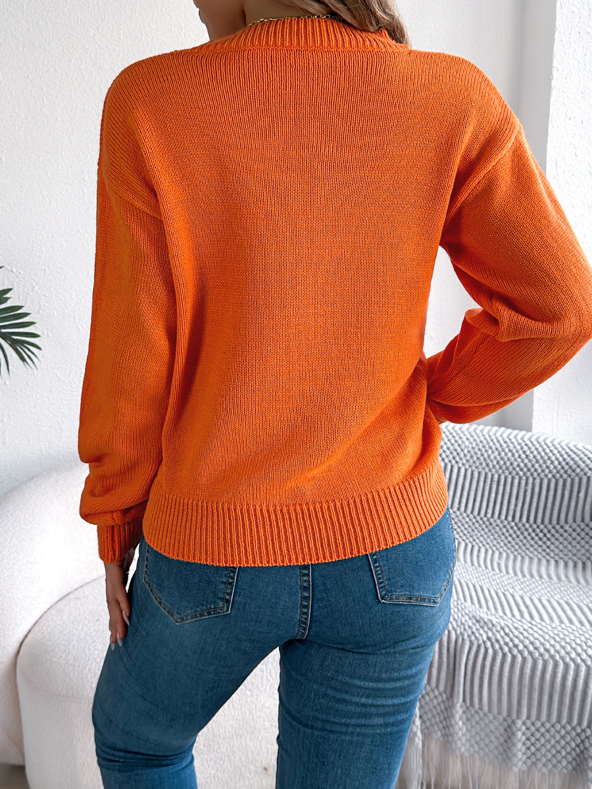 Women Solid Color Hollow Out Lantern Sleeve Pullover Sweater