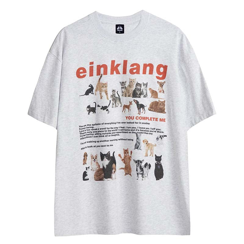 Streetwear Cute Cat & Puppy Print Short Sleeve Tee