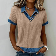 Khaki Denim‑Style Patchwork Knit T‑Shirt – Loose Fit Casual Top