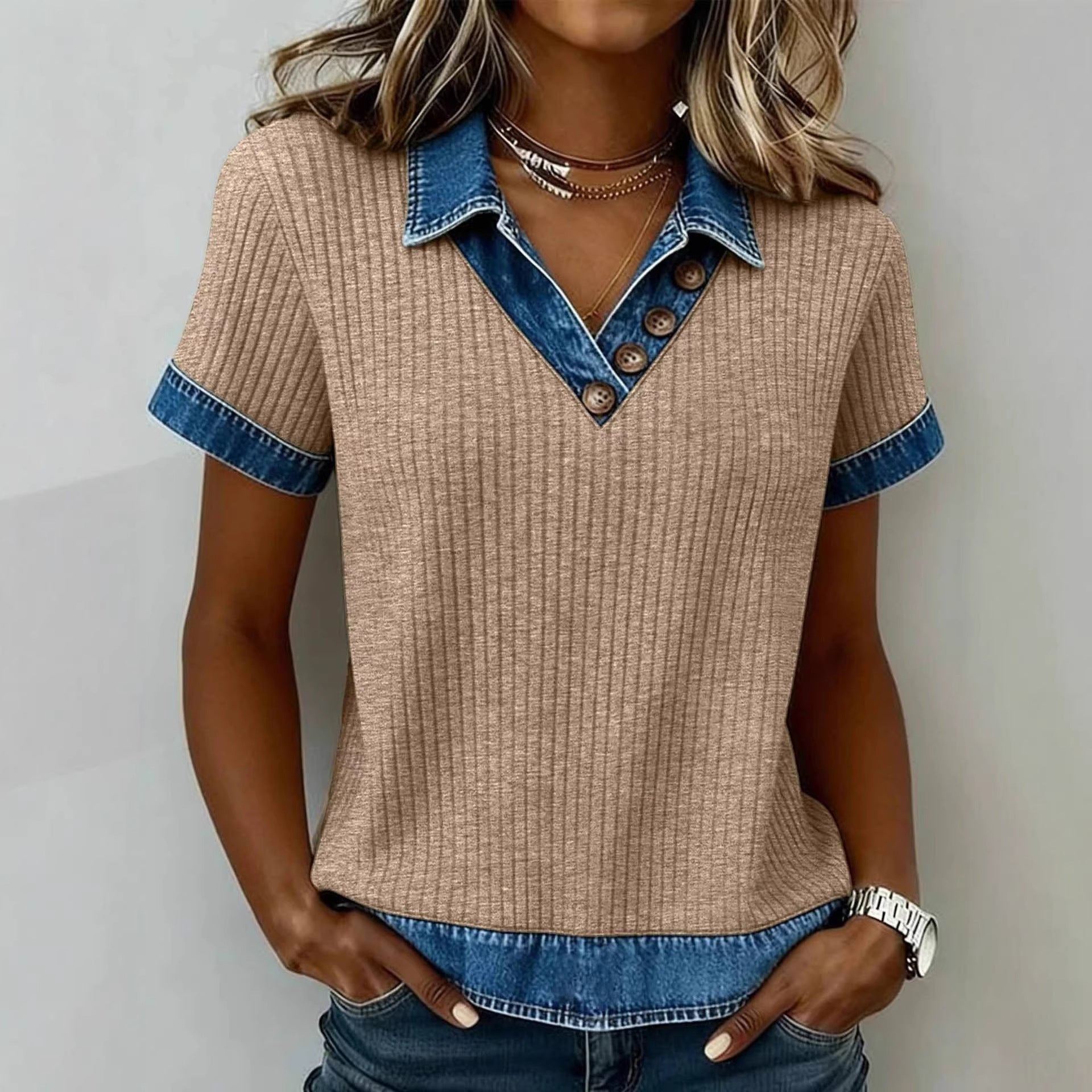 Khaki Denim‑Style Patchwork Knit T‑Shirt – Loose Fit Casual Top