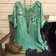 Floral Loose Fit Short Sleeve Top – Lightweight Bamboo‑Linen Blend
