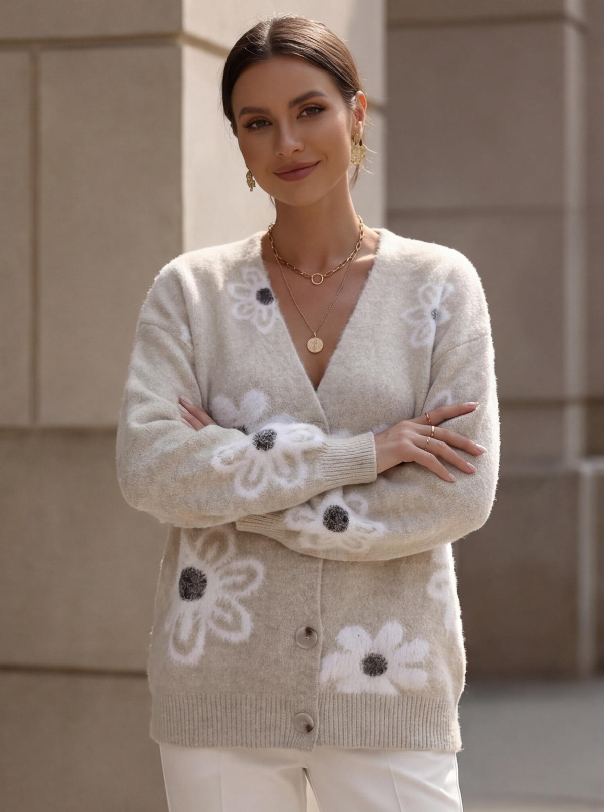 Floral-pattern Knit Cardigan V-neck Sweater Jacket
