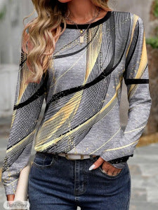 Gradient Floral Print Long Sleeve Round Neck Top