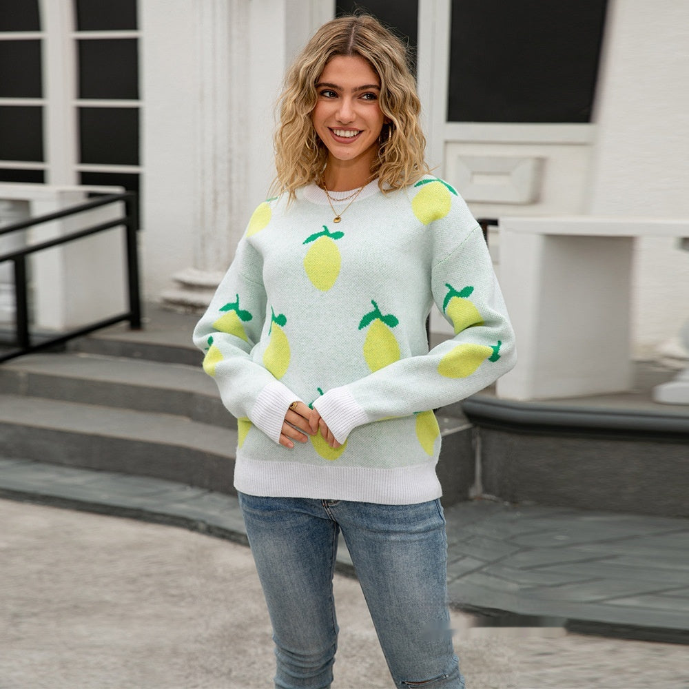 Women's Loose Personalized Lemon Sweater Round Neck Top