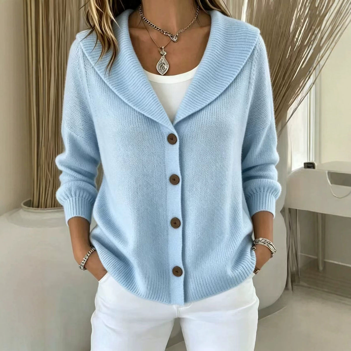Womens Knitted Button-up Polo-neck Sweater