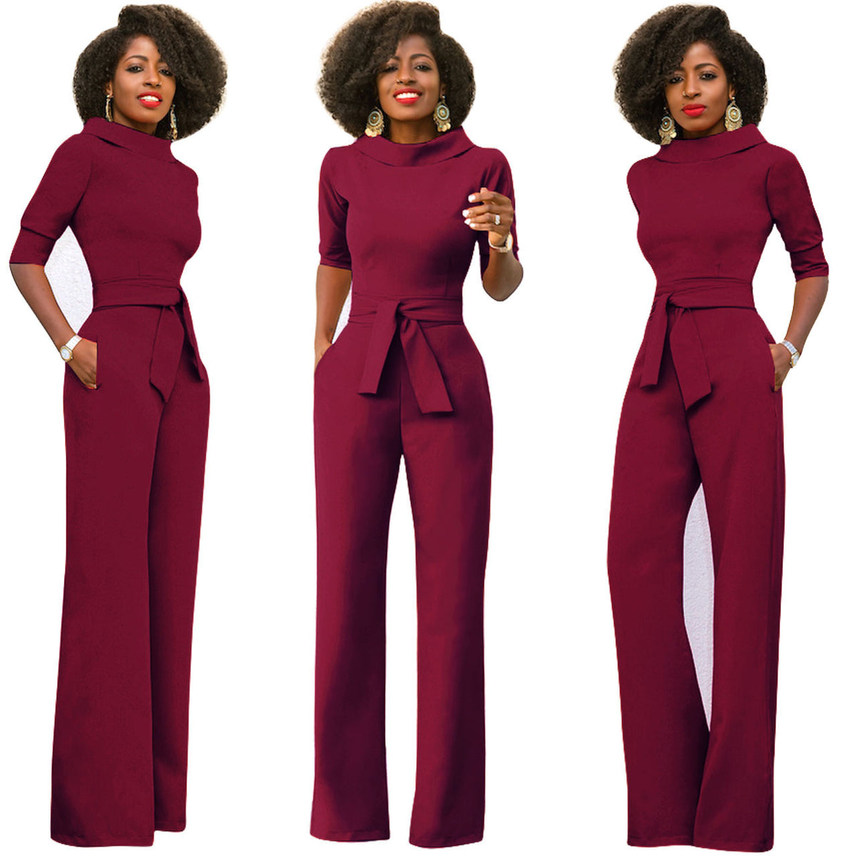Women's Solid Color Five Quarter Sleeve High Waist Wide Leg Jumpsuit