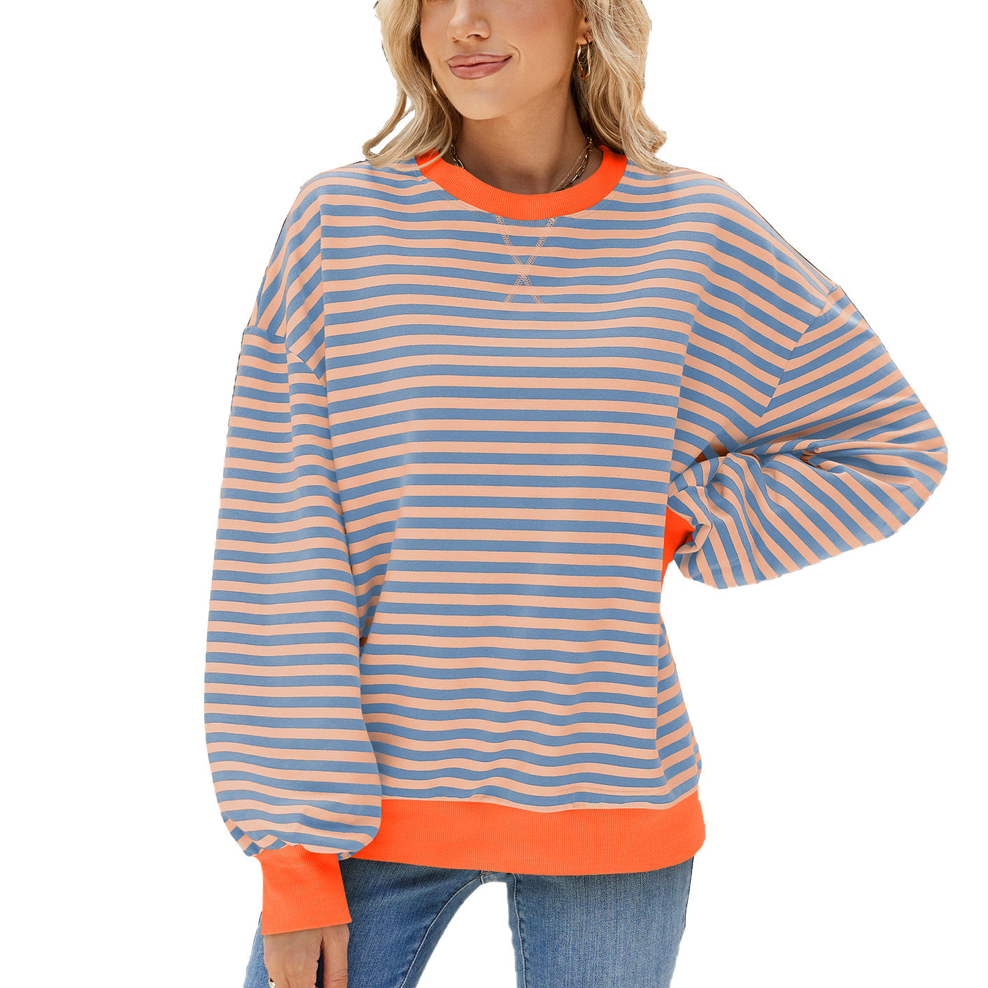 Women's Striped Round Neck Loose Long Sleeve Sweatshirt
