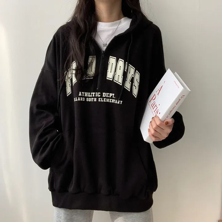 Youth Zipper Letter Sweater Casual Hoodie