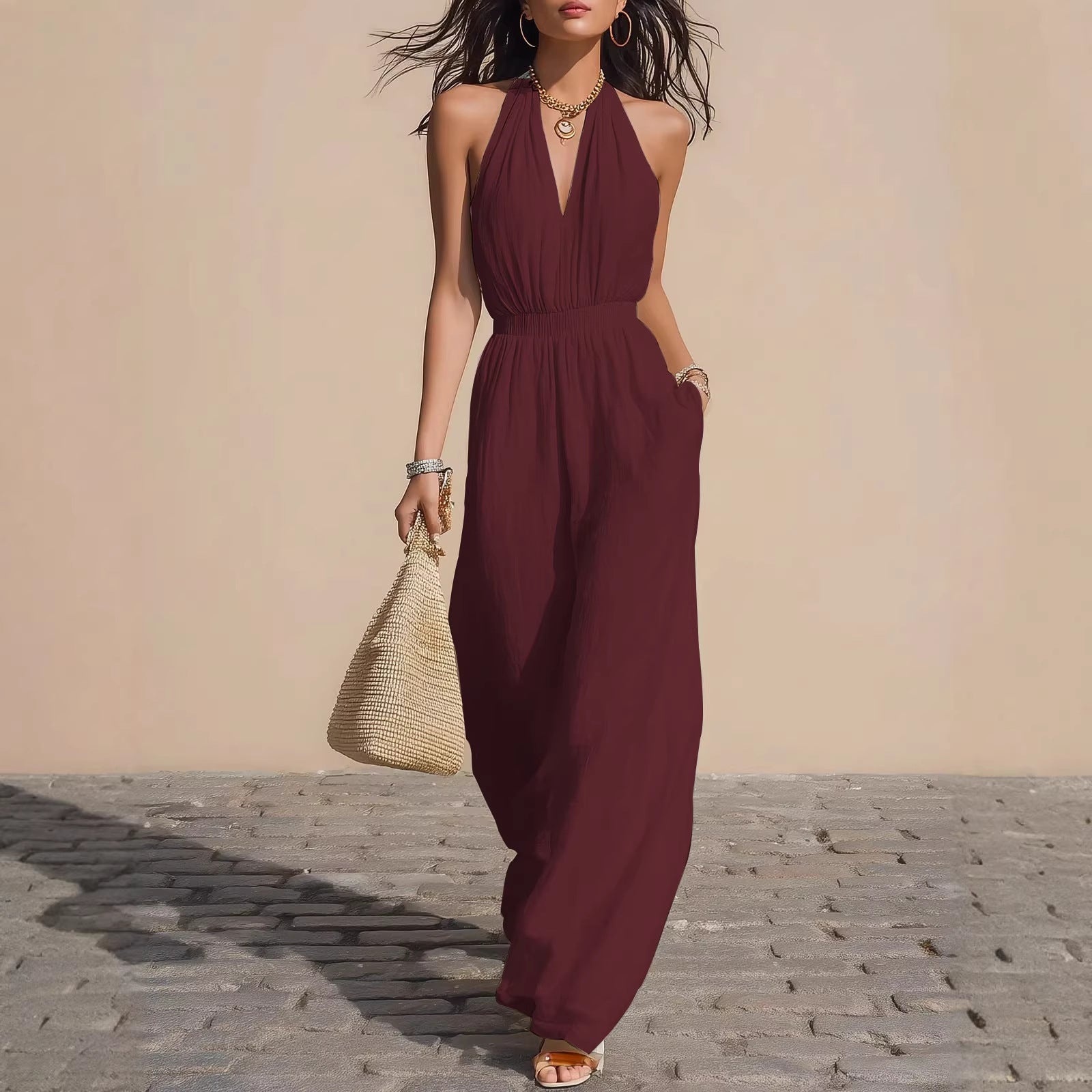 Women's V-Neck Halter Wide-Leg Casual Jumpsuit