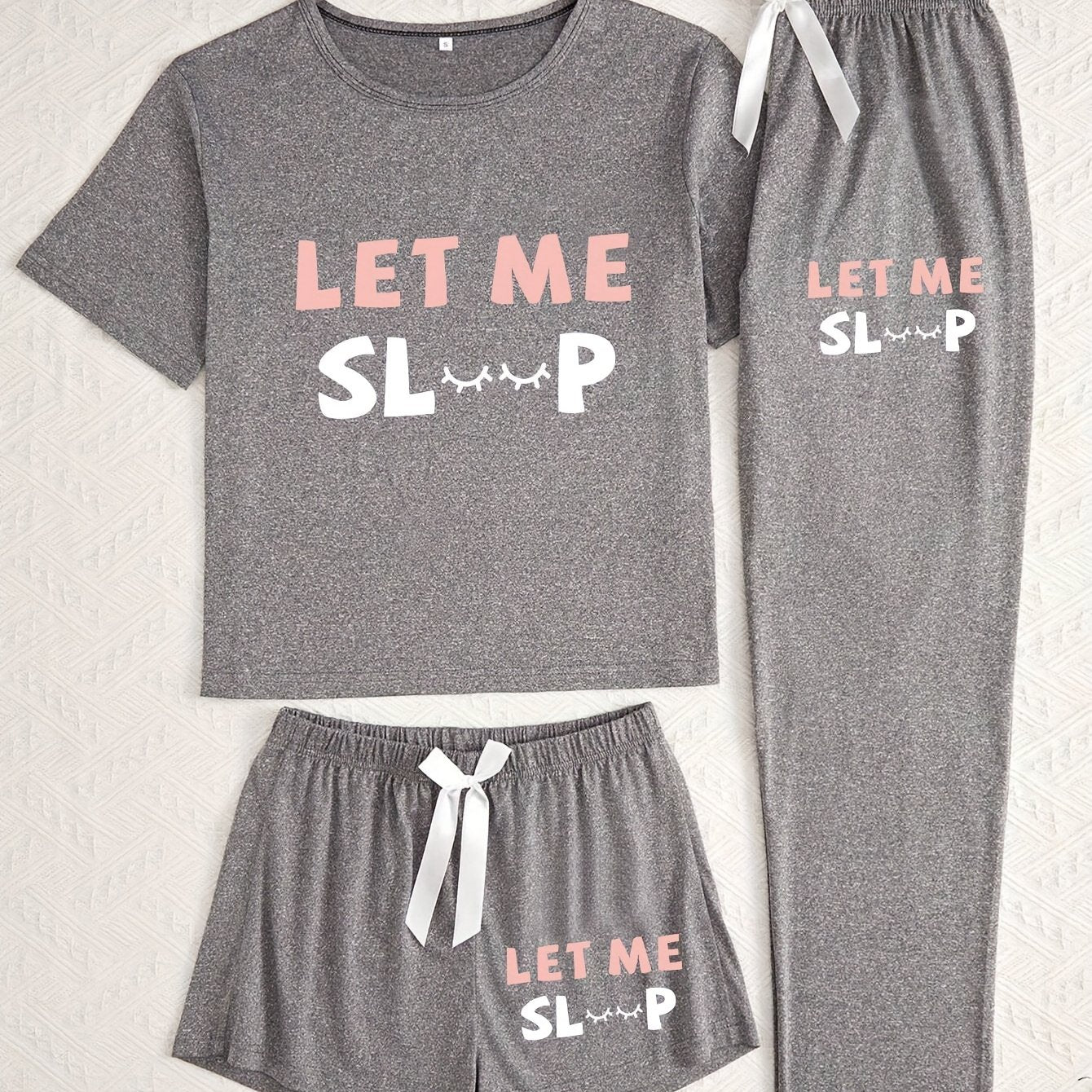 [Simple Pajama] 3pcs Simple Style Women's Pajama Set | Knit Polyester Sleepwear with Alphabet Print, Crew Neck, Bow Detail, for All Season Comfort Loungewear