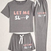 [Simple Pajama] 3pcs Simple Style Women's Pajama Set | Knit Polyester Sleepwear with Alphabet Print, Crew Neck, Bow Detail, for All Season Comfort Loungewear