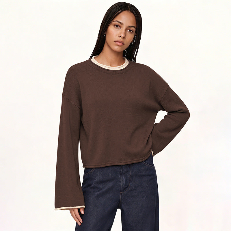 Womens Pullover Sweater Loose-fit Round-neck Casual Knit Top