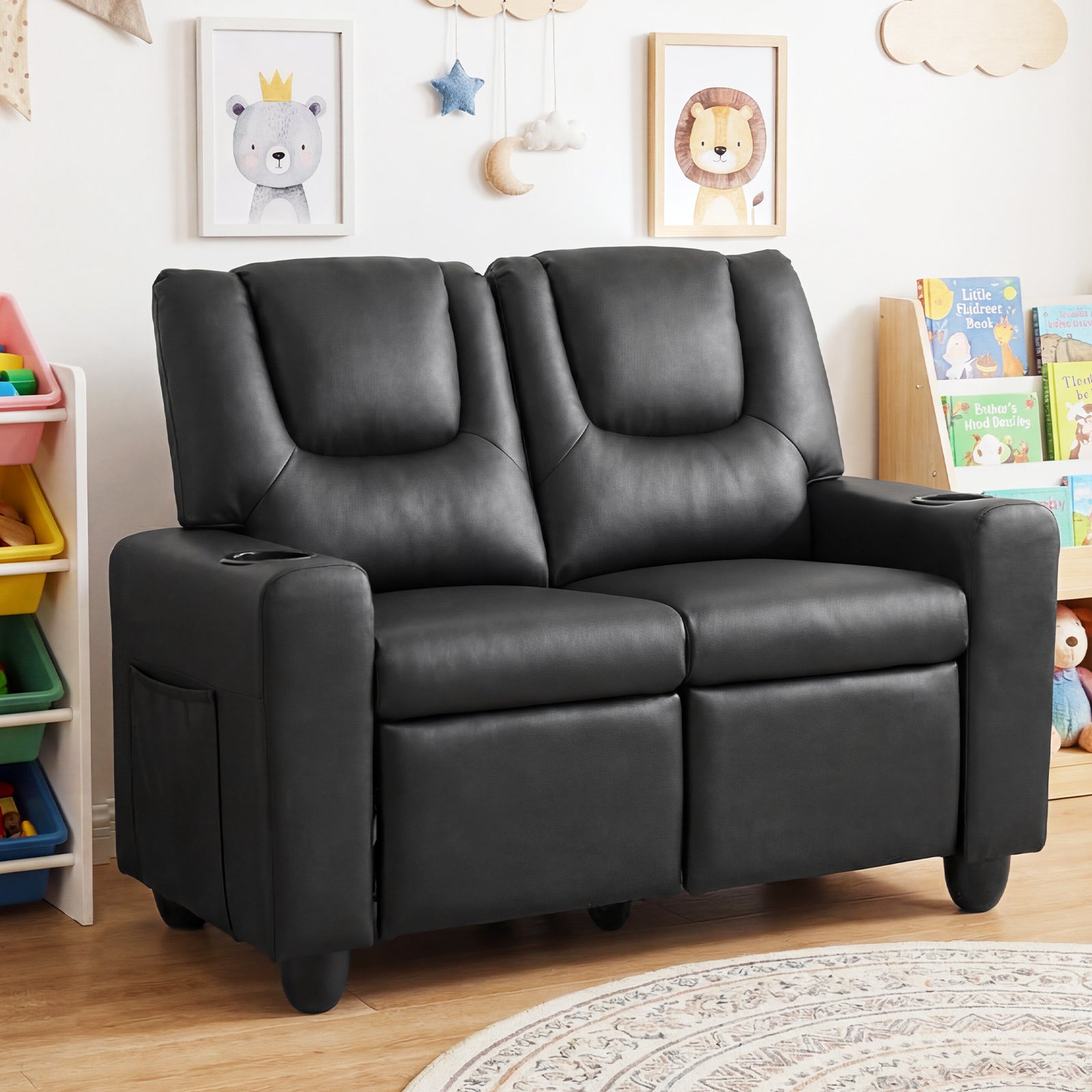 Kids 2‑Seat Recliner Loveseat with Adjustable Backrest and Footrest, PU Leather, Cup Holders and Side Storage Pockets
