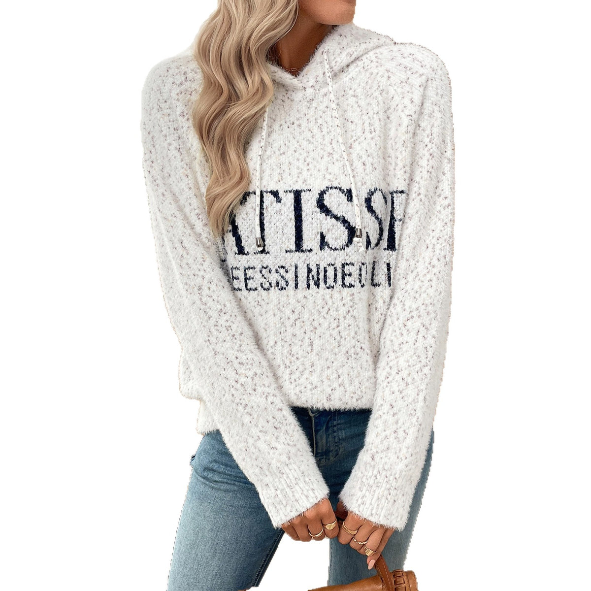Letter Jacquard Hooded Knit Sweater Womens Loose and Soft Pullover