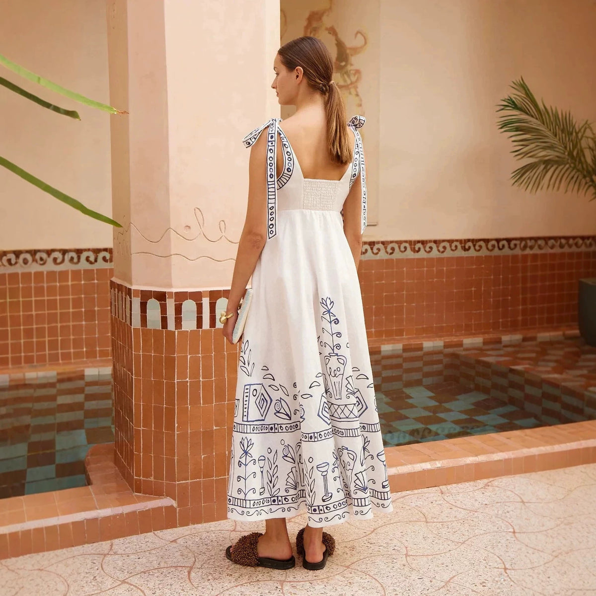 Printed Elegant Versatile Lace-up Linen Dress