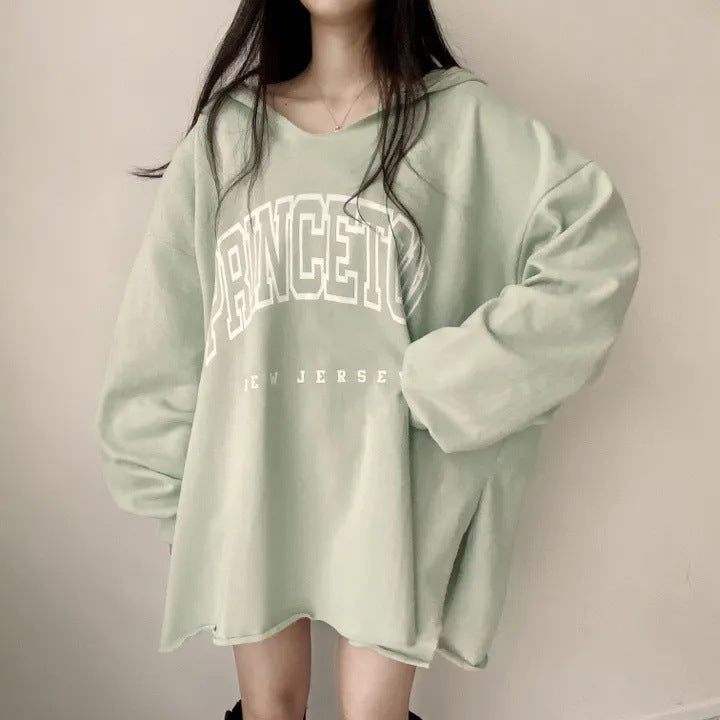 Korean Style Letter Print Loose Hooded Casual Sweater
