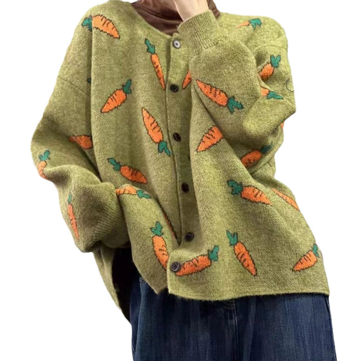 Round Neck Mori Artistic Printing Color Contrast Loose Casual Cardigan Sweater