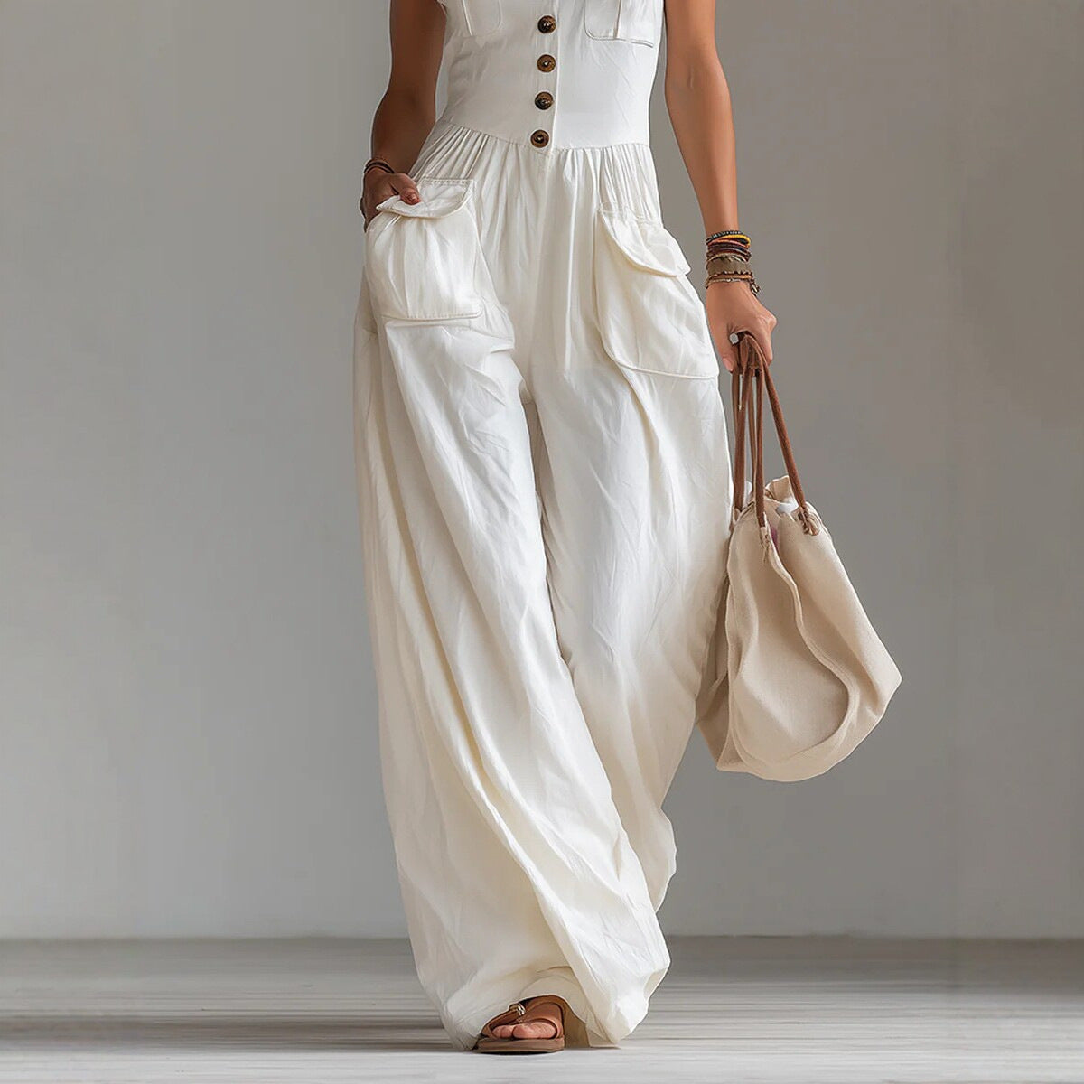 Casual Sleeveless Wide-Leg Jumpsuit with Pockets