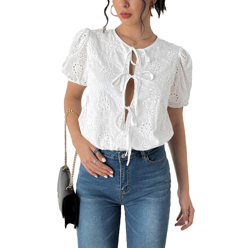 White Puff Sleeve Lace-Up Casual Vacation Jumpsuit