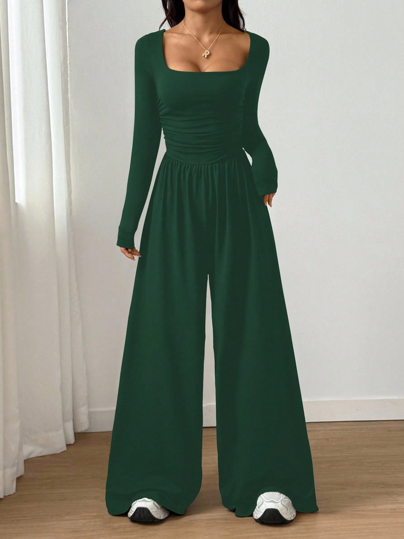 2026 Spring Fall Women's Casual Solid Color Square Neck Long Sleeve A-Line Jumpsuit Pleating Wide Leg Loose Mopping Jumpsuit