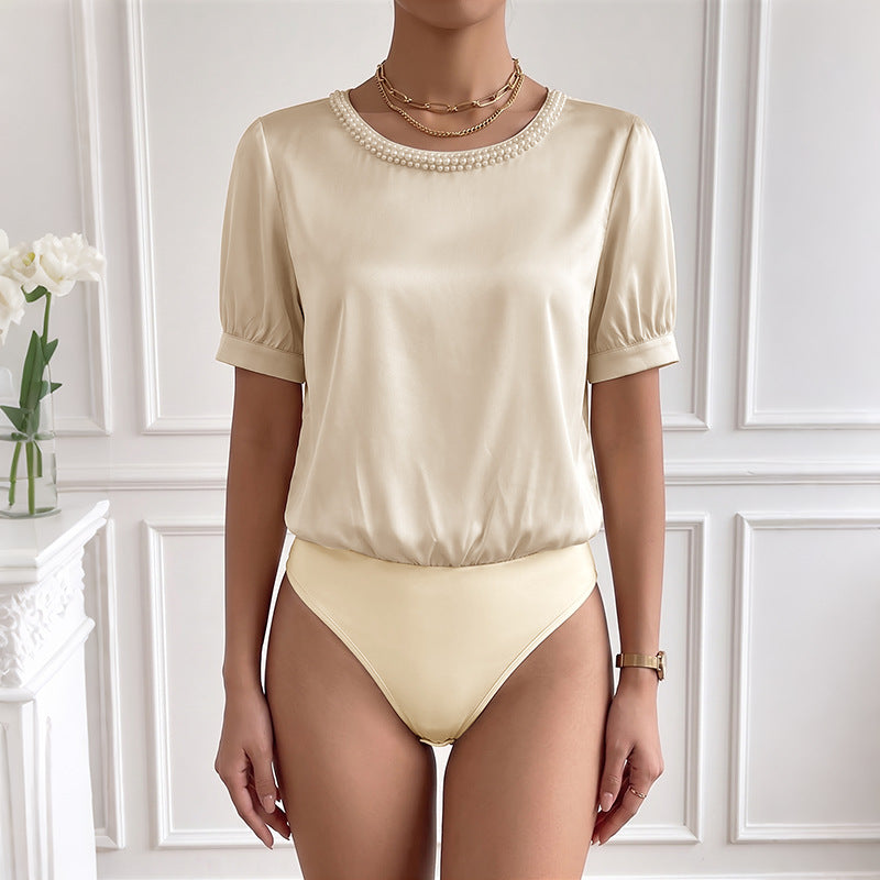 Summer New Satin Crew Neck Beaded Puff Sleeve Jumpsuit
