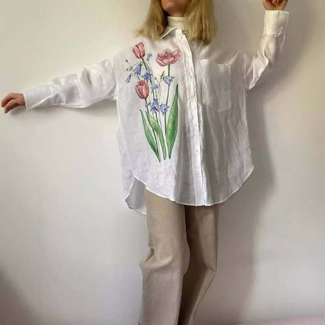 Three-dimensional Hand Crochet Knitted White Flower Printed Cotton And Linen Shirt