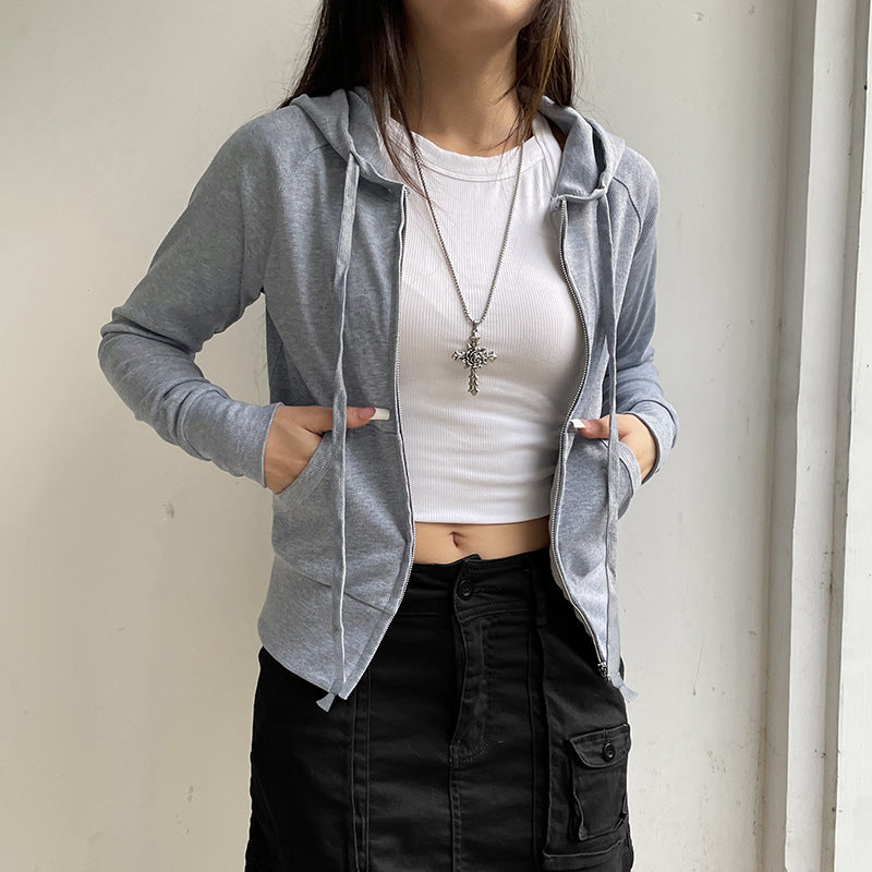 Women's Gray Ribbed Hooded Zip-Up Short Cardigan Sweater