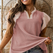 Light Blue Plus‑Size Ruffle‑Trimmed Short‑Sleeve Shirt