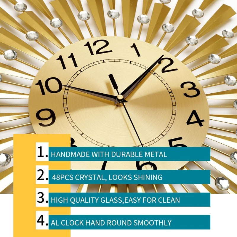 Large Modern Golden Retro Crystal Wall Clock - 24-Inch Silent Non-Ticking Battery-Operated Decorative Clock with Hands & Golden Accents