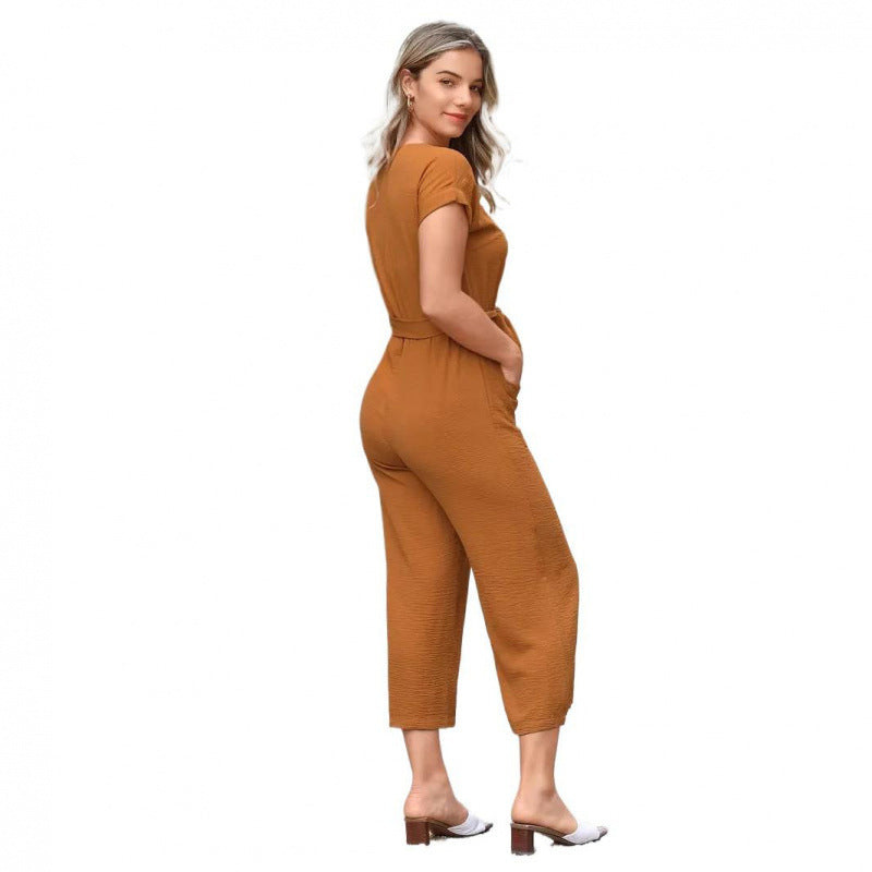 V-neck Fashionable Short-sleeve Belted Jumpsuit