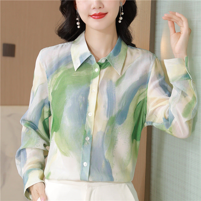 Chinese Ink Painting Style Printed Faux Silk Shirt