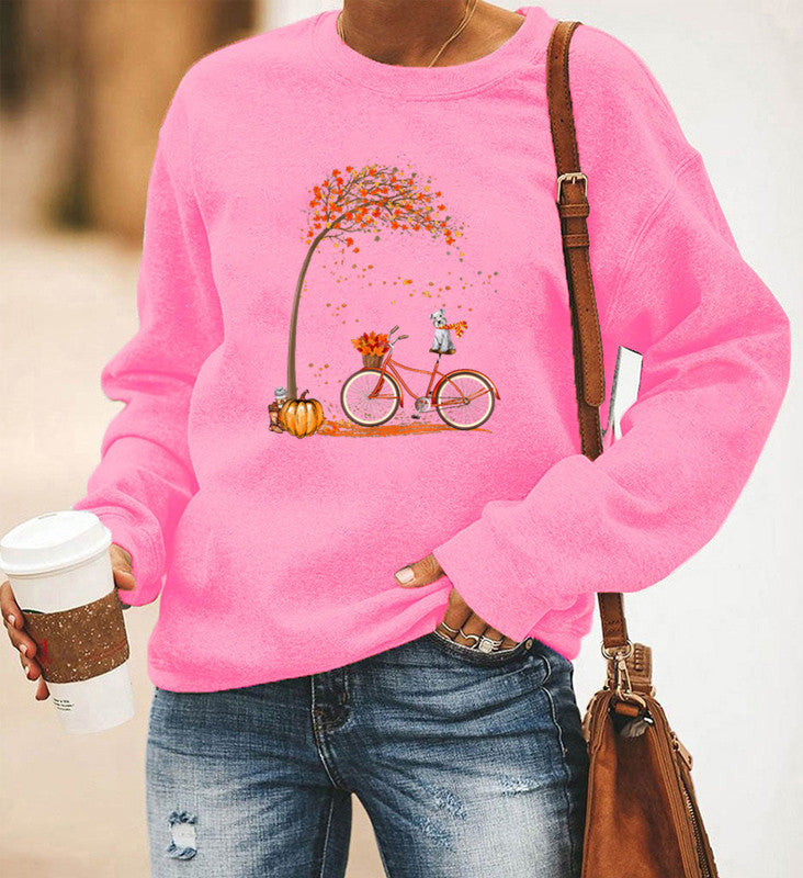 Women's Bicycle Print Fleece Long Sleeve Crew Neck Sweater
