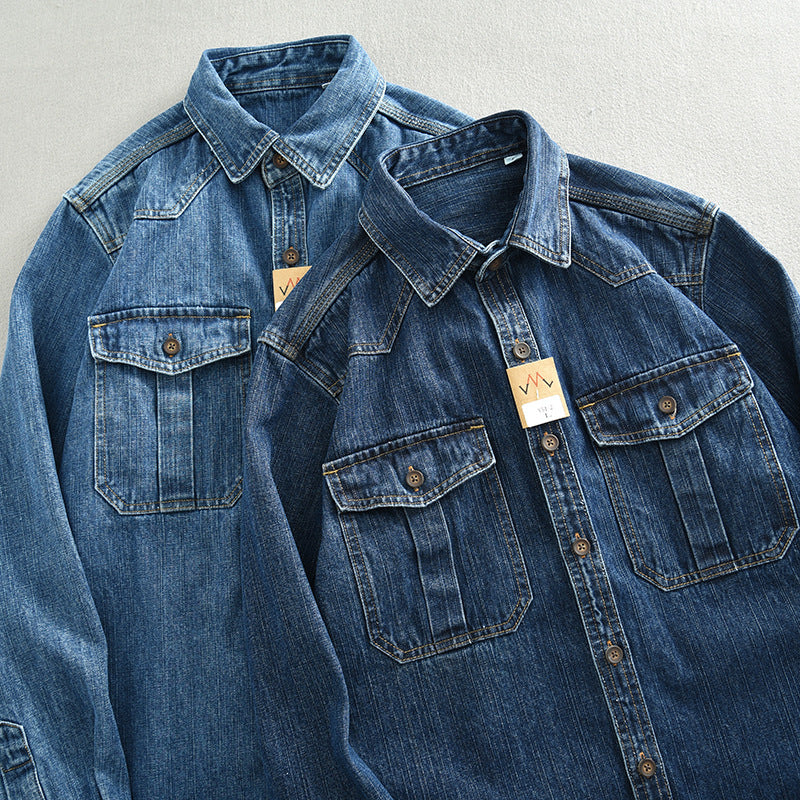 Heavy And Thick Workwear Denim Shirt Loose Oversized Long Sleeves Men